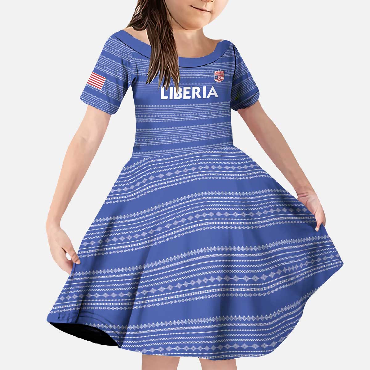 Custom Liberia Football Family Matching Off The Shoulder Long Sleeve Dress and Hawaiian Shirt Women Blue Jersey - Wonder Print Shop