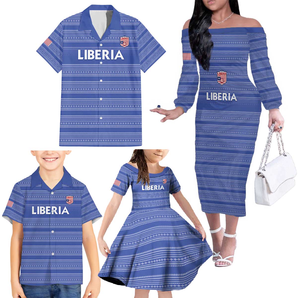 Custom Liberia Football Family Matching Off The Shoulder Long Sleeve Dress and Hawaiian Shirt Women Blue Jersey - Wonder Print Shop