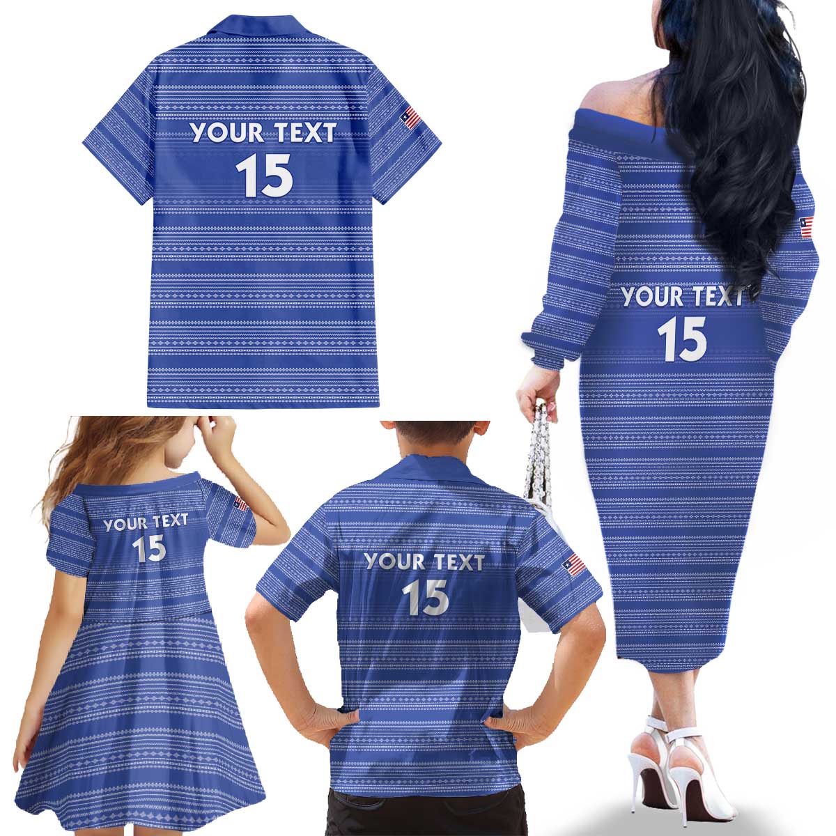 Custom Liberia Football Family Matching Off The Shoulder Long Sleeve Dress and Hawaiian Shirt Women Blue Jersey - Wonder Print Shop