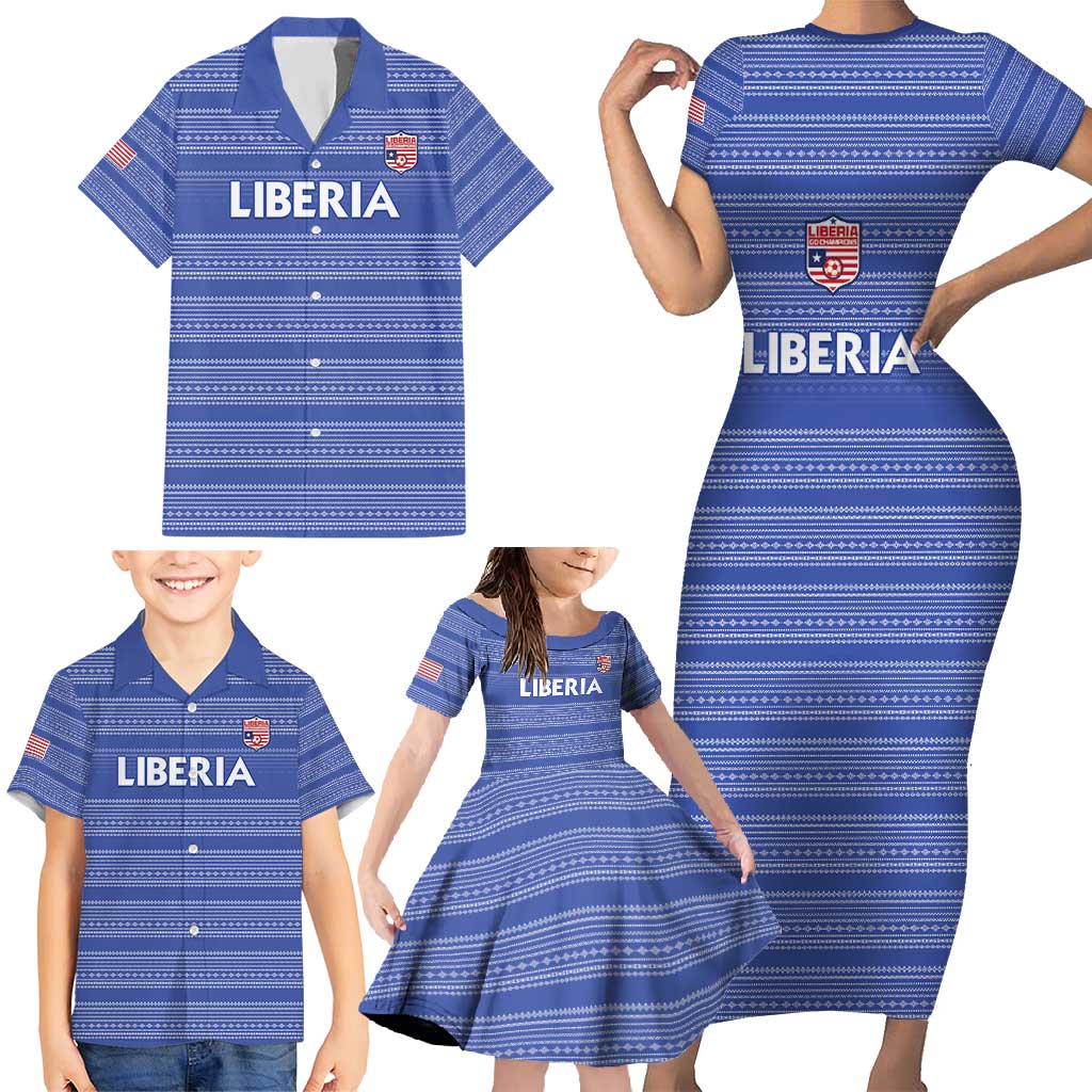 Custom Liberia Football Family Matching Short Sleeve Bodycon Dress and Hawaiian Shirt Women Blue Jersey - Wonder Print Shop