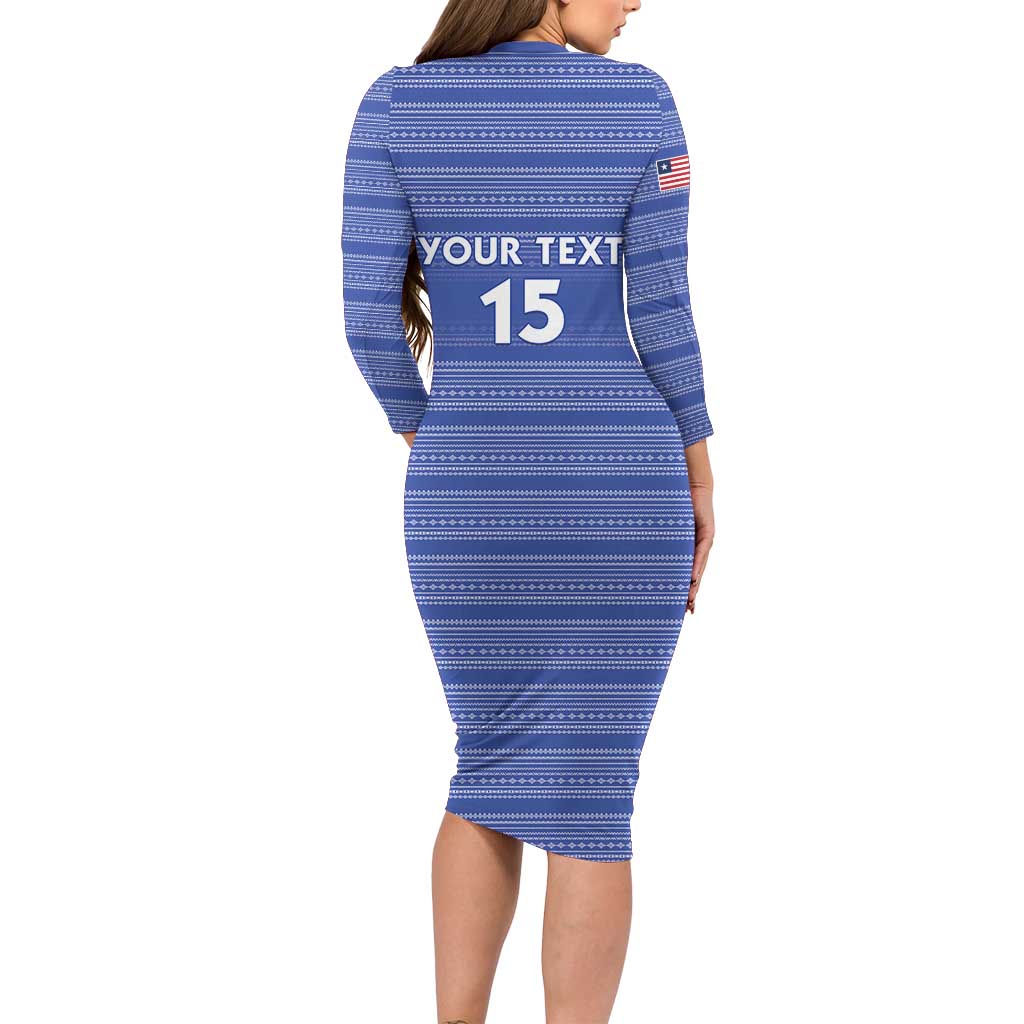 Custom Liberia Football Long Sleeve Bodycon Dress Women Blue Jersey - Wonder Print Shop