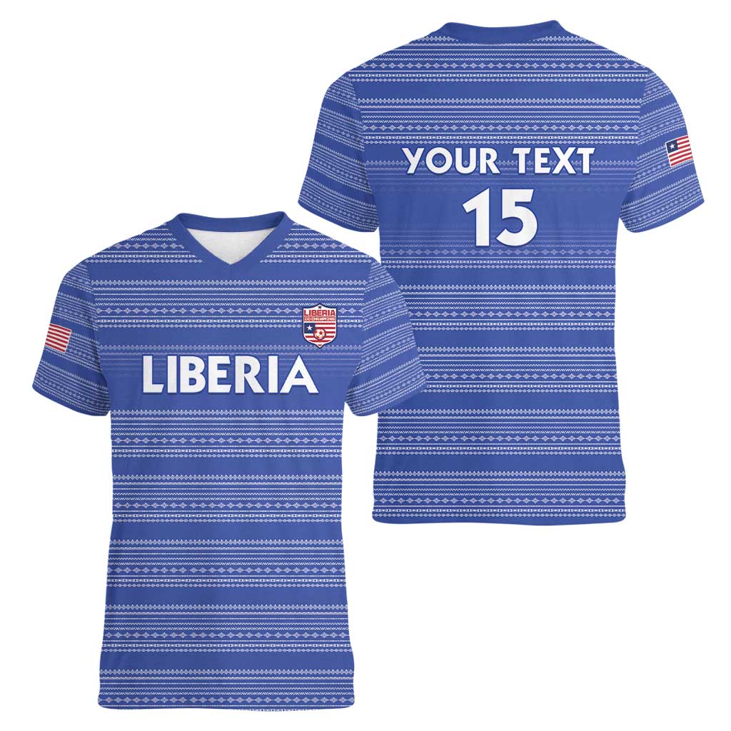 Custom Liberia Football Women V-Neck T-Shirt Women Blue Jersey - Wonder Print Shop