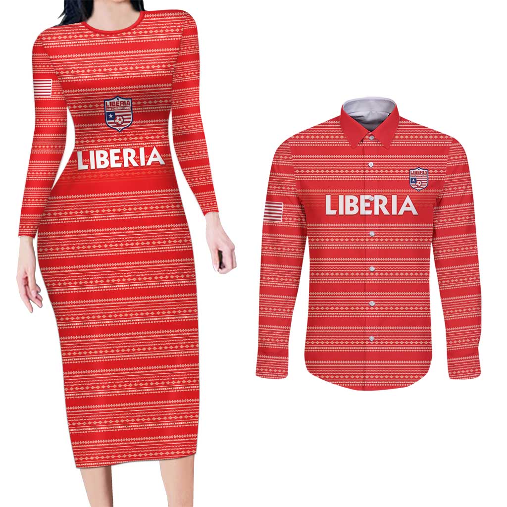 Custom Liberia Football Couples Matching Long Sleeve Bodycon Dress and Long Sleeve Button Shirt Women Red Jersey - Wonder Print Shop