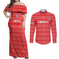 Custom Liberia Football Couples Matching Off Shoulder Maxi Dress and Long Sleeve Button Shirt Women Red Jersey - Wonder Print Shop