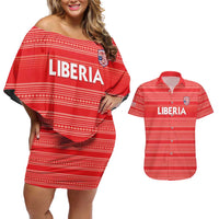 Custom Liberia Football Couples Matching Off Shoulder Short Dress and Hawaiian Shirt Women Red Jersey - Wonder Print Shop