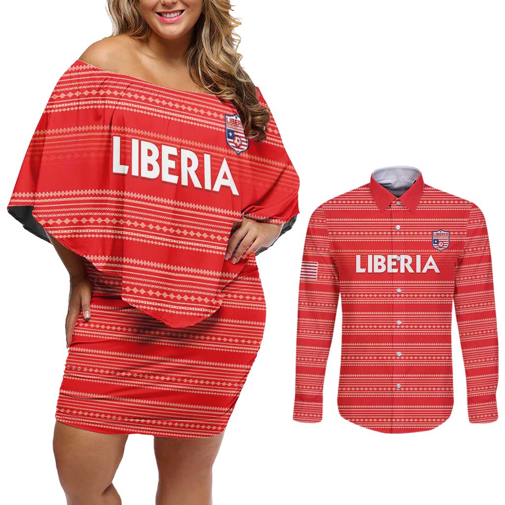 Custom Liberia Football Couples Matching Off Shoulder Short Dress and Long Sleeve Button Shirt Women Red Jersey - Wonder Print Shop