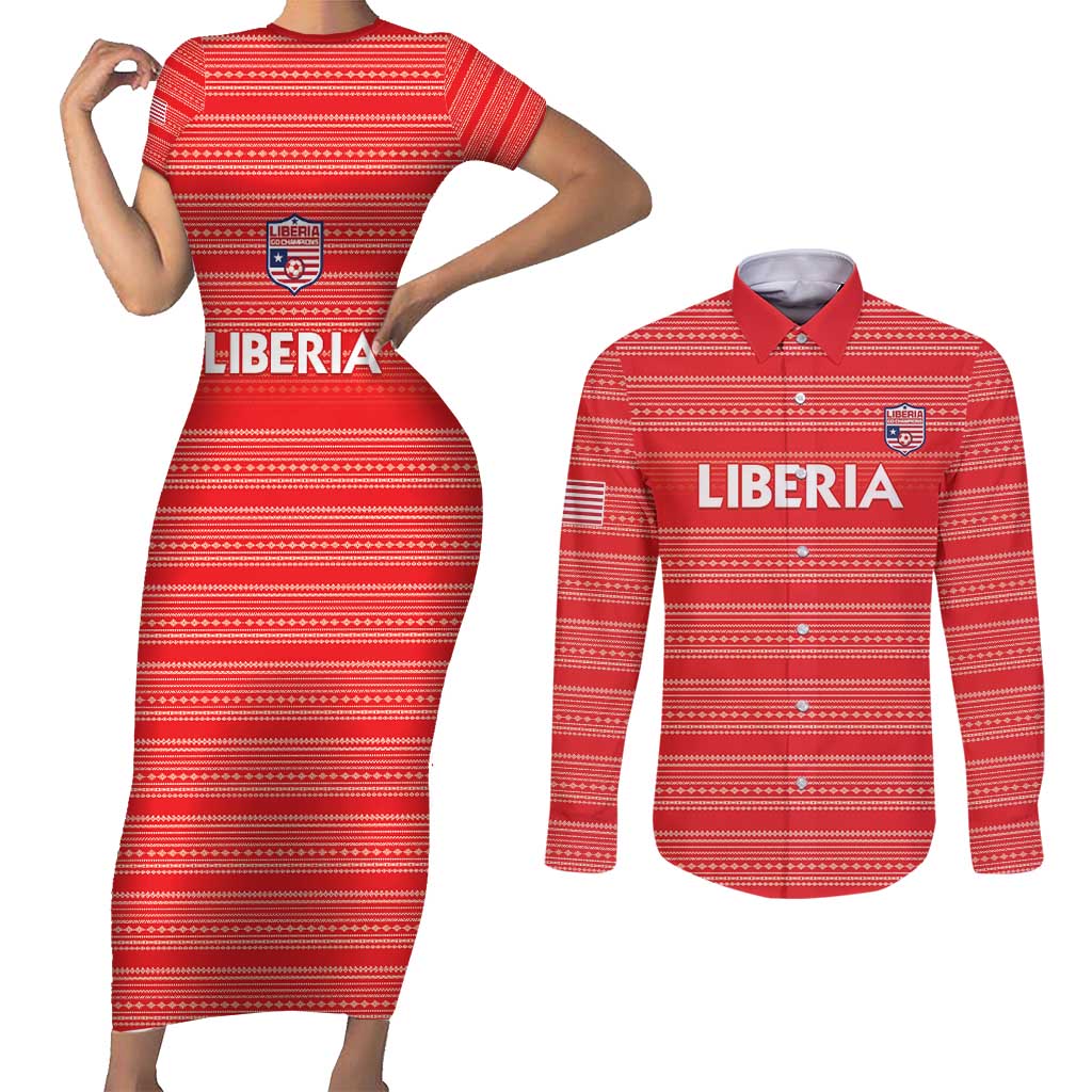Custom Liberia Football Couples Matching Short Sleeve Bodycon Dress and Long Sleeve Button Shirt Women Red Jersey - Wonder Print Shop