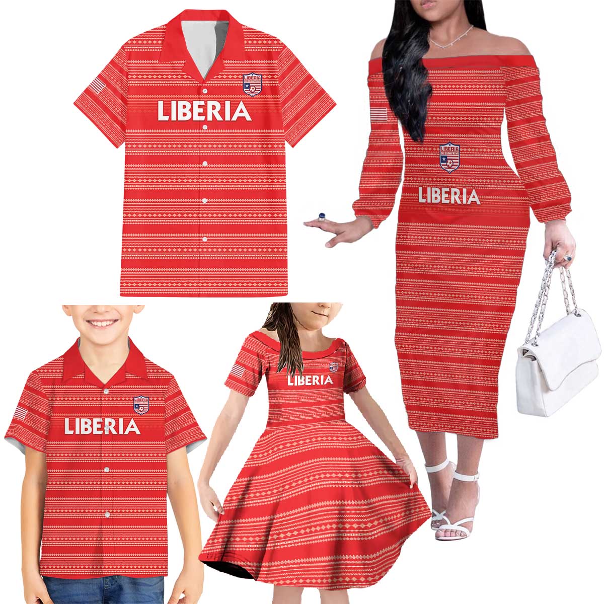Custom Liberia Football Family Matching Off The Shoulder Long Sleeve Dress and Hawaiian Shirt Women Red Jersey - Wonder Print Shop