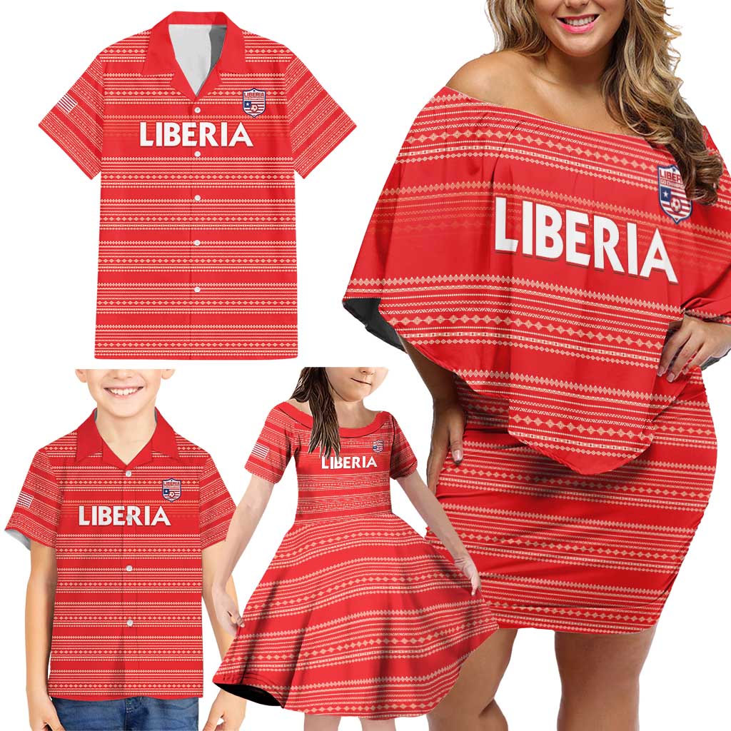 Custom Liberia Football Family Matching Off Shoulder Short Dress and Hawaiian Shirt Women Red Jersey - Wonder Print Shop