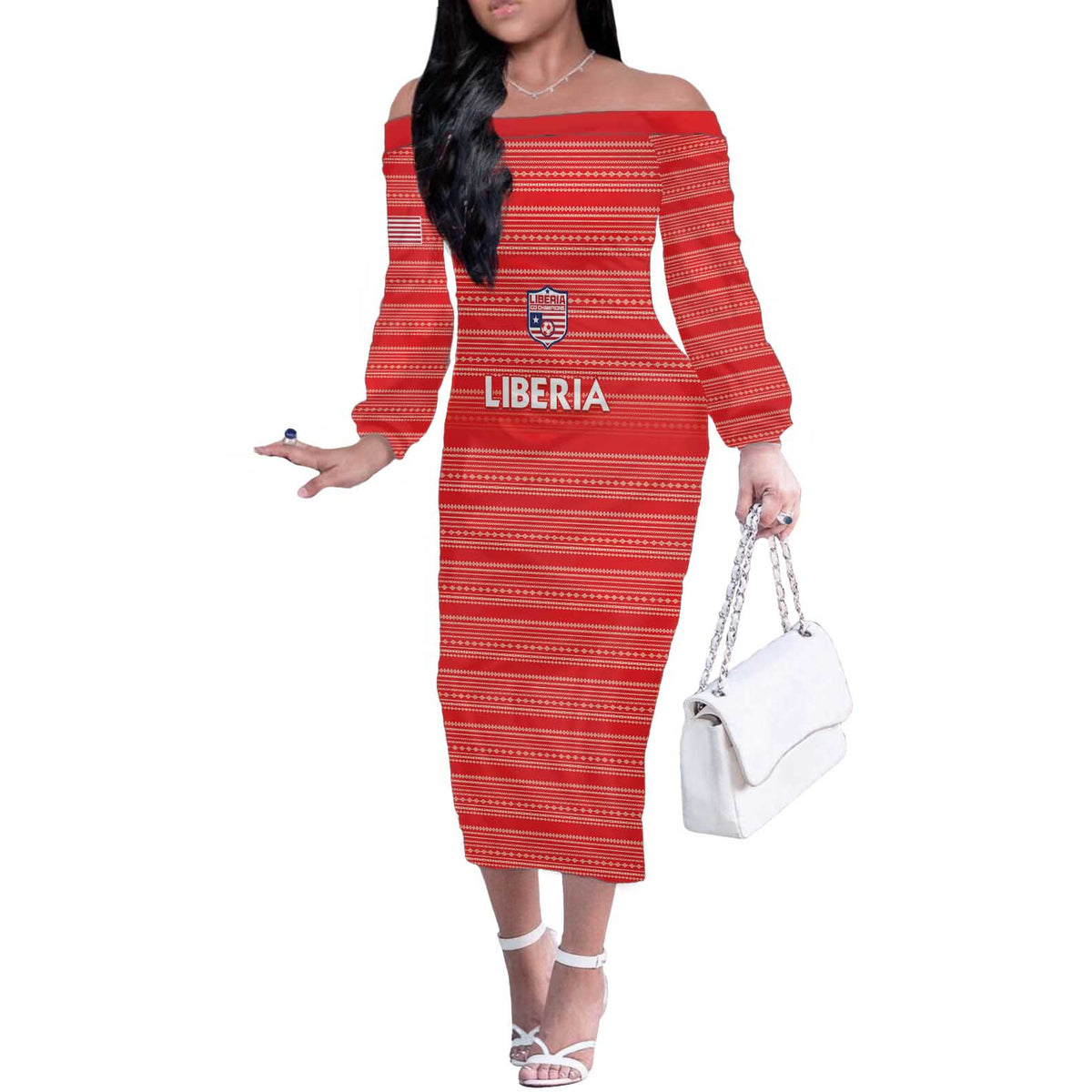 Custom Liberia Football Off The Shoulder Long Sleeve Dress Women Red Jersey - Wonder Print Shop