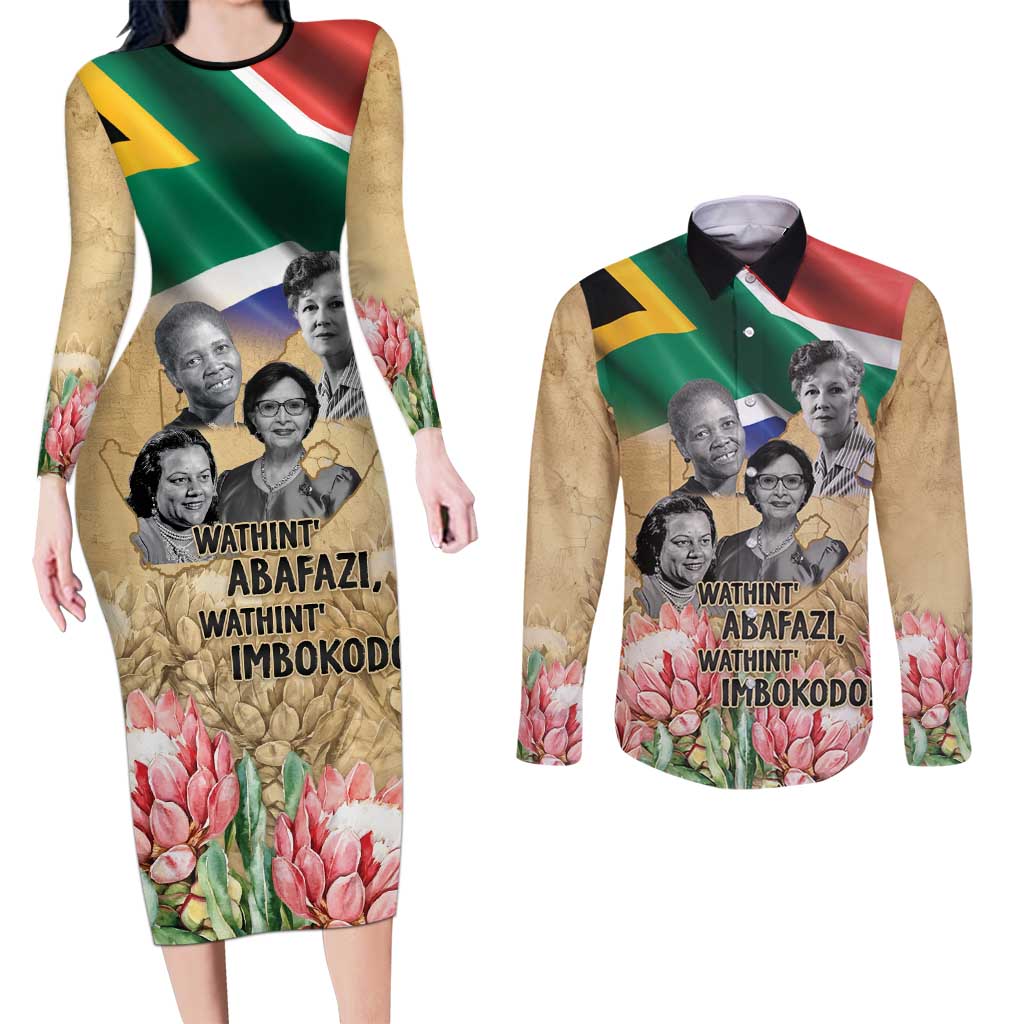 South African Women Mobilisation Couples Matching Long Sleeve Bodycon Dress and Long Sleeve Button Shirt Wathint Abafazi Wathint Imbokodo - Wonder Print Shop