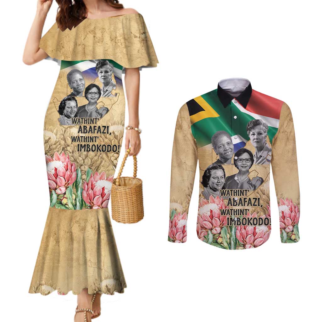 South African Women Mobilisation Couples Matching Mermaid Dress and Long Sleeve Button Shirt Wathint Abafazi Wathint Imbokodo - Wonder Print Shop