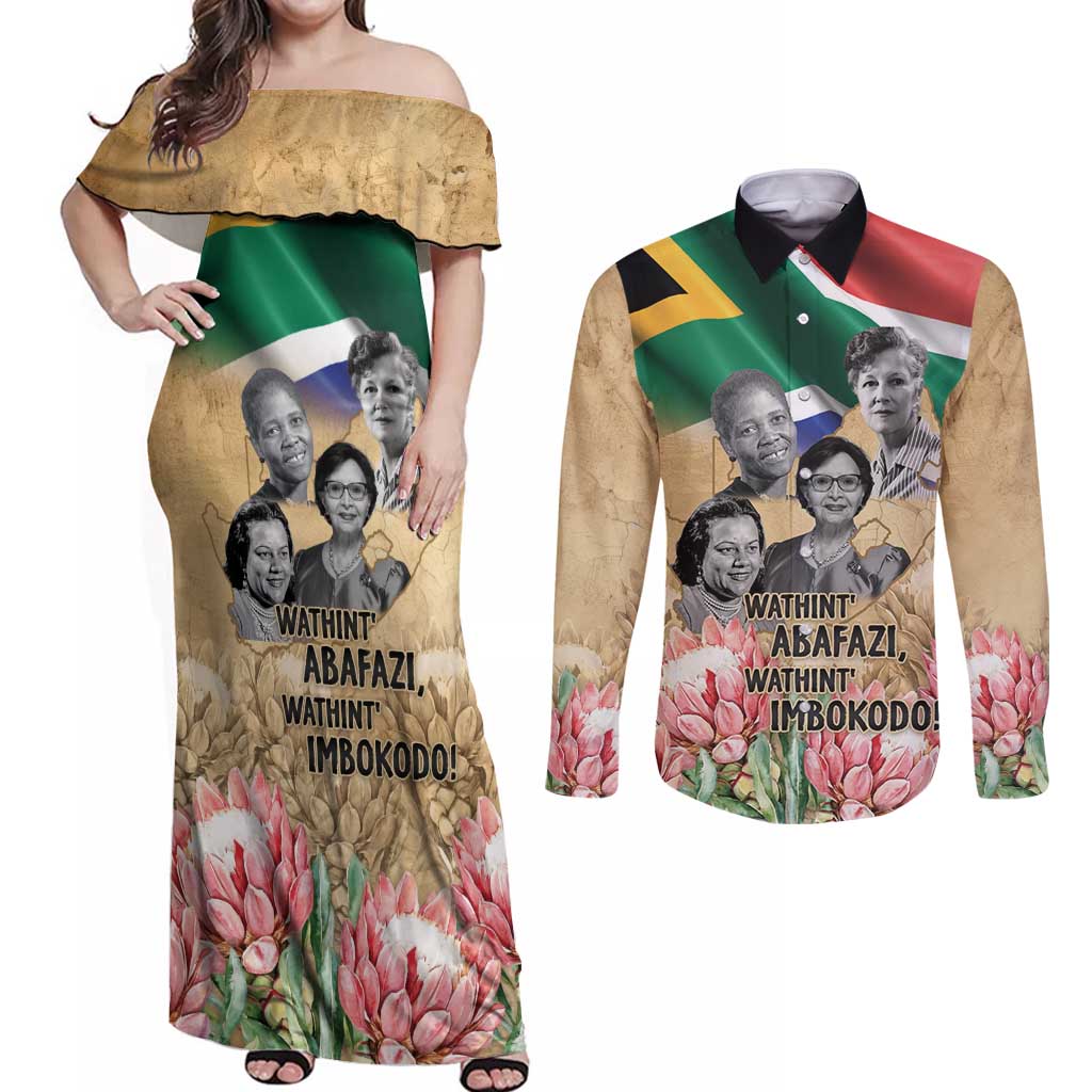 South African Women Mobilisation Couples Matching Off Shoulder Maxi Dress and Long Sleeve Button Shirt Wathint Abafazi Wathint Imbokodo - Wonder Print Shop
