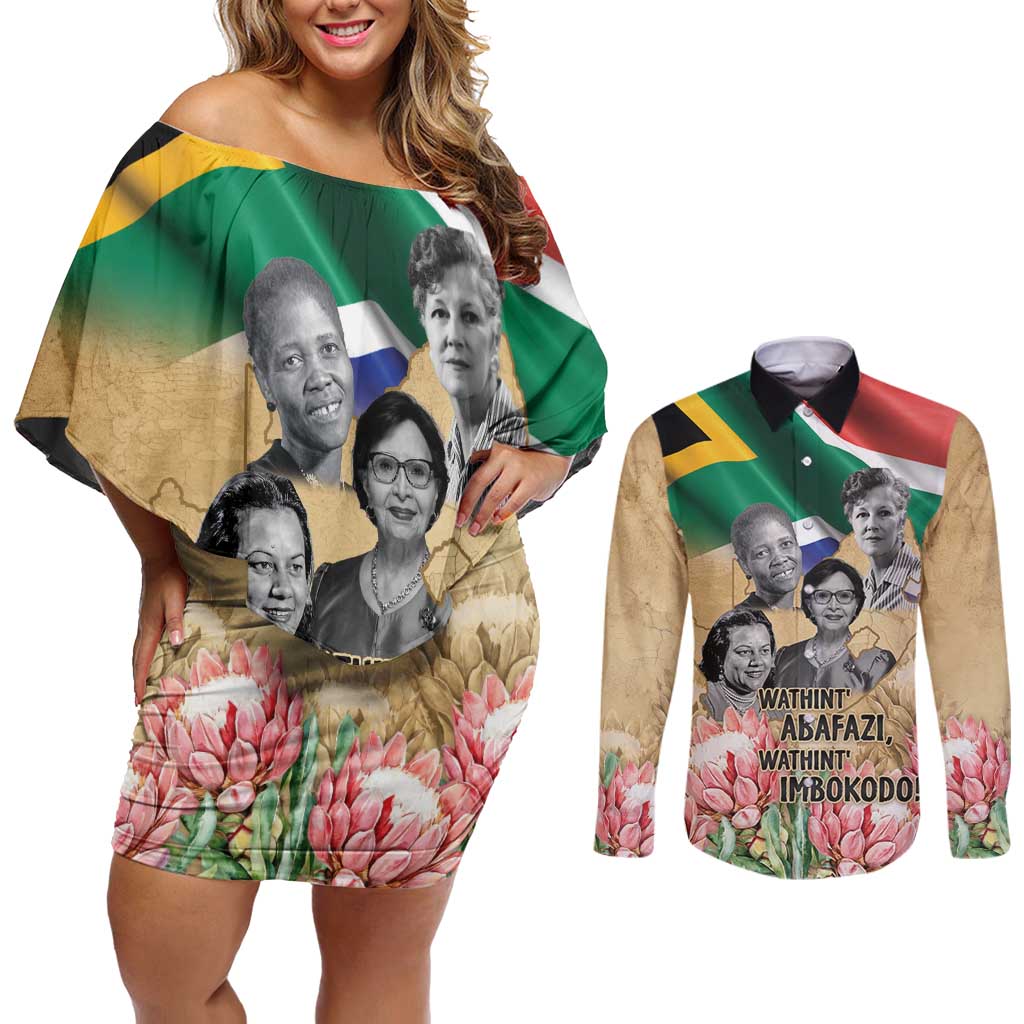 South African Women Mobilisation Couples Matching Off Shoulder Short Dress and Long Sleeve Button Shirt Wathint Abafazi Wathint Imbokodo - Wonder Print Shop