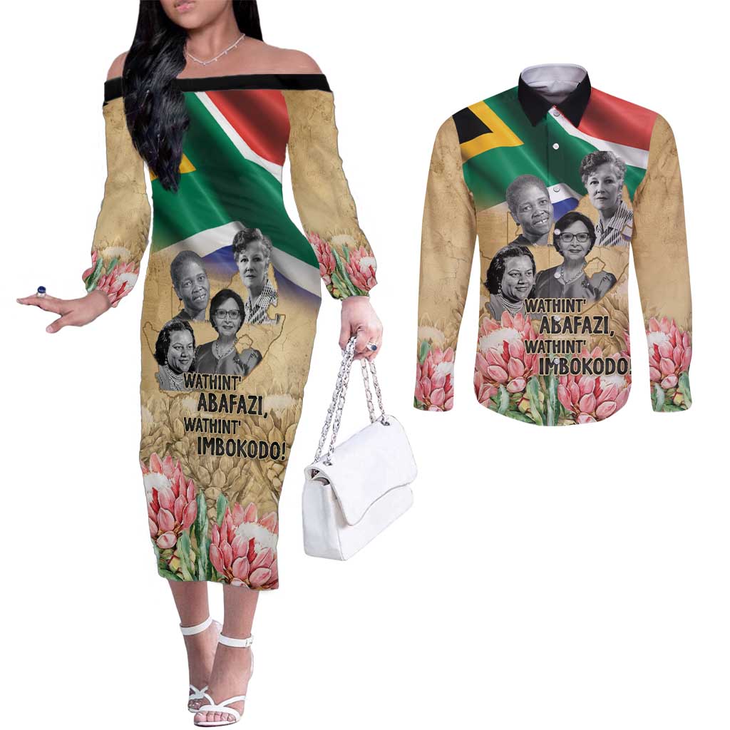 South African Women Mobilisation Couples Matching Off The Shoulder Long Sleeve Dress and Long Sleeve Button Shirt Wathint Abafazi Wathint Imbokodo - Wonder Print Shop