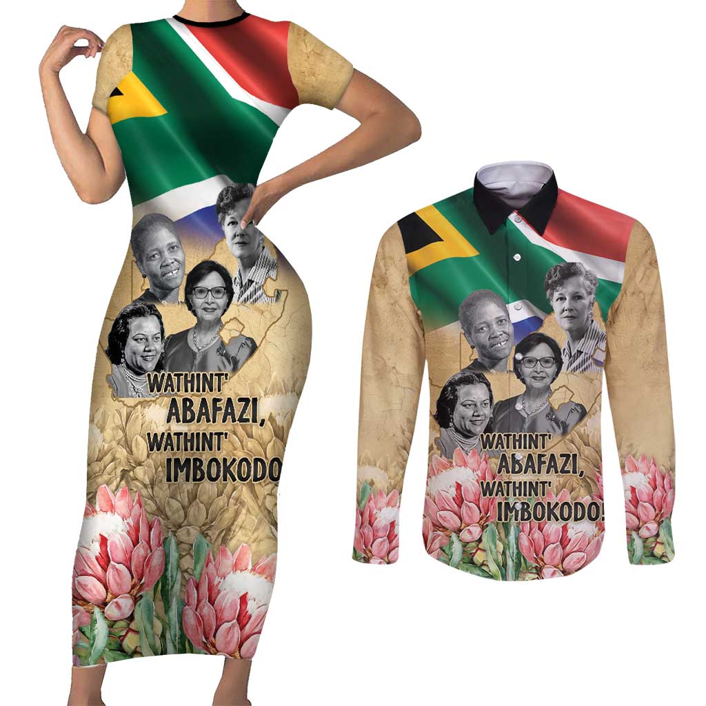 South African Women Mobilisation Couples Matching Short Sleeve Bodycon Dress and Long Sleeve Button Shirt Wathint Abafazi Wathint Imbokodo - Wonder Print Shop