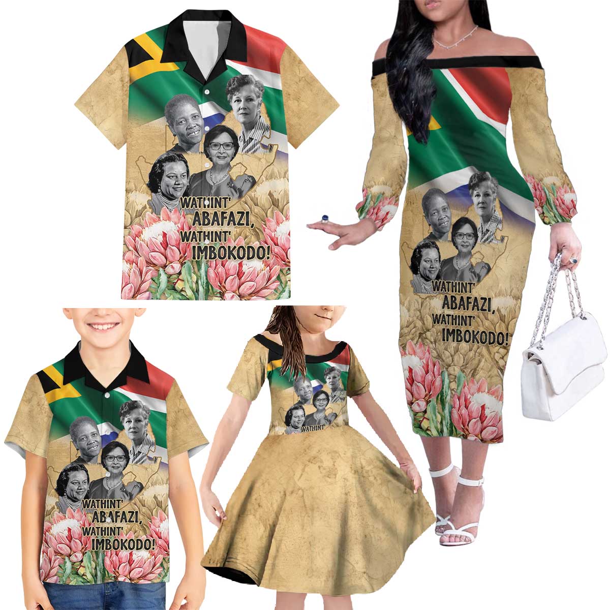 South African Women Mobilisation Family Matching Off The Shoulder Long Sleeve Dress and Hawaiian Shirt Wathint Abafazi Wathint Imbokodo - Wonder Print Shop
