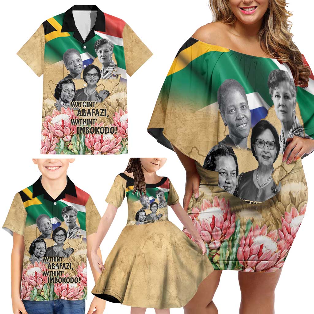 South African Women Mobilisation Family Matching Off Shoulder Short Dress and Hawaiian Shirt Wathint Abafazi Wathint Imbokodo - Wonder Print Shop