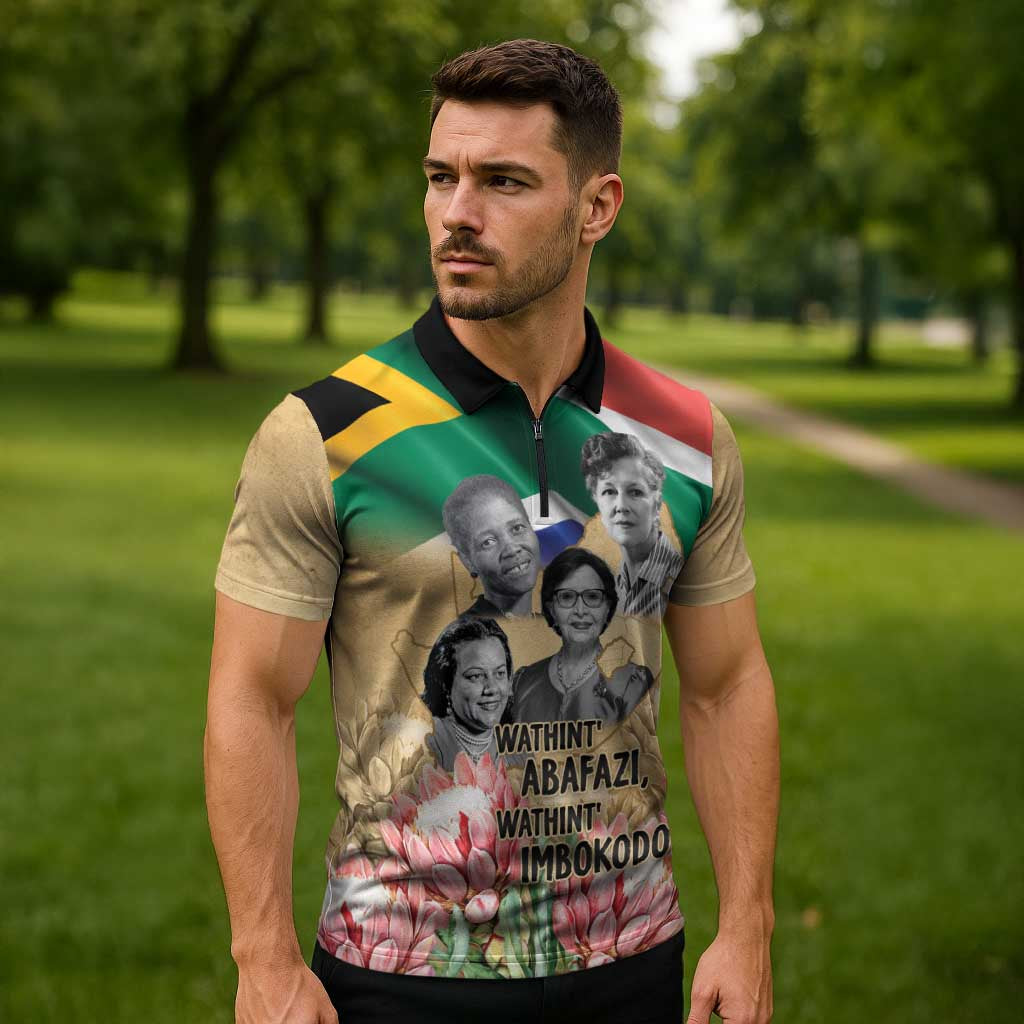 South African Women Mobilisation Zipper Polo Shirt Wathint Abafazi Wathint Imbokodo - Wonder Print Shop