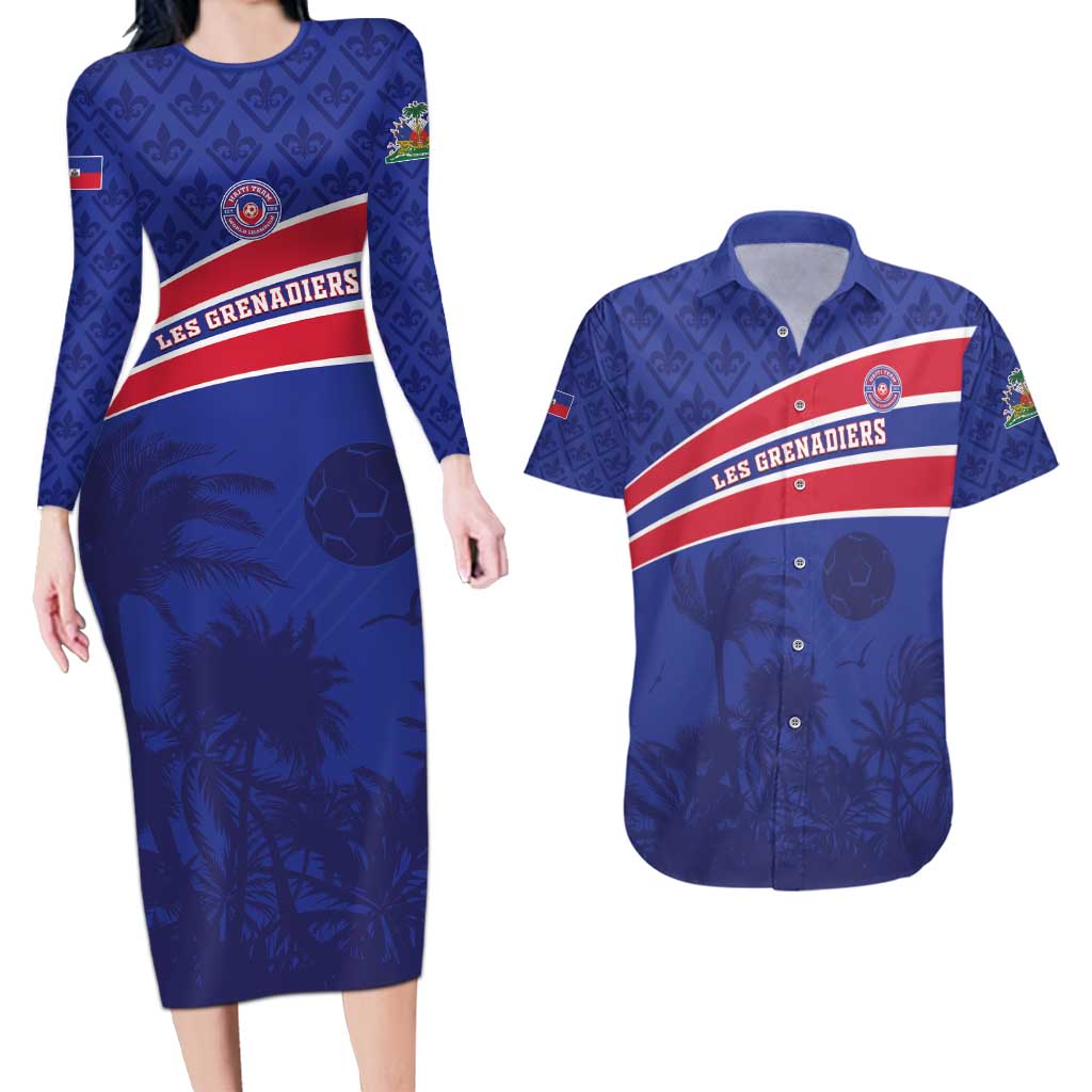 Custom Haiti Football Couples Matching Long Sleeve Bodycon Dress and Hawaiian Shirt Les Grenadiers - Royal Palm - Wonder Print Shop