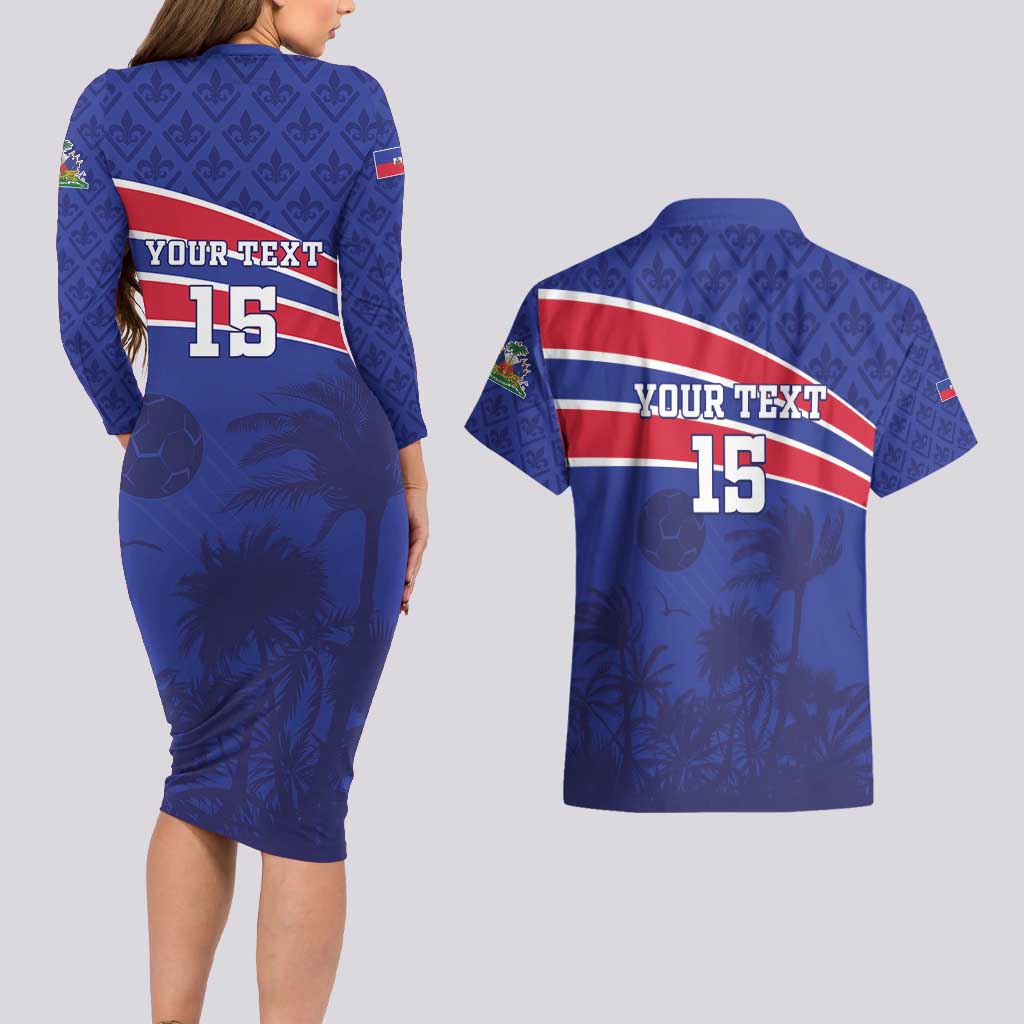 Custom Haiti Football Couples Matching Long Sleeve Bodycon Dress and Hawaiian Shirt Les Grenadiers - Royal Palm - Wonder Print Shop