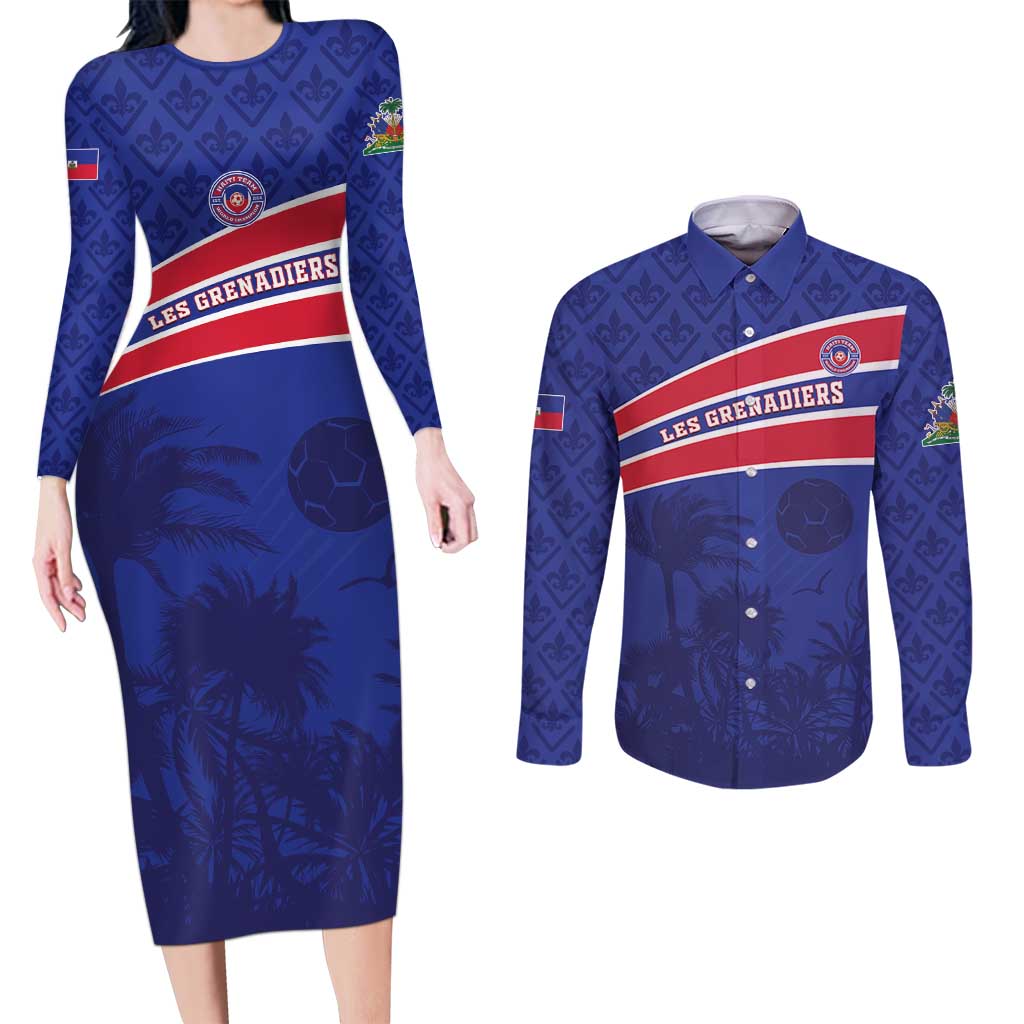 Custom Haiti Football Couples Matching Long Sleeve Bodycon Dress and Long Sleeve Button Shirt Les Grenadiers - Royal Palm - Wonder Print Shop