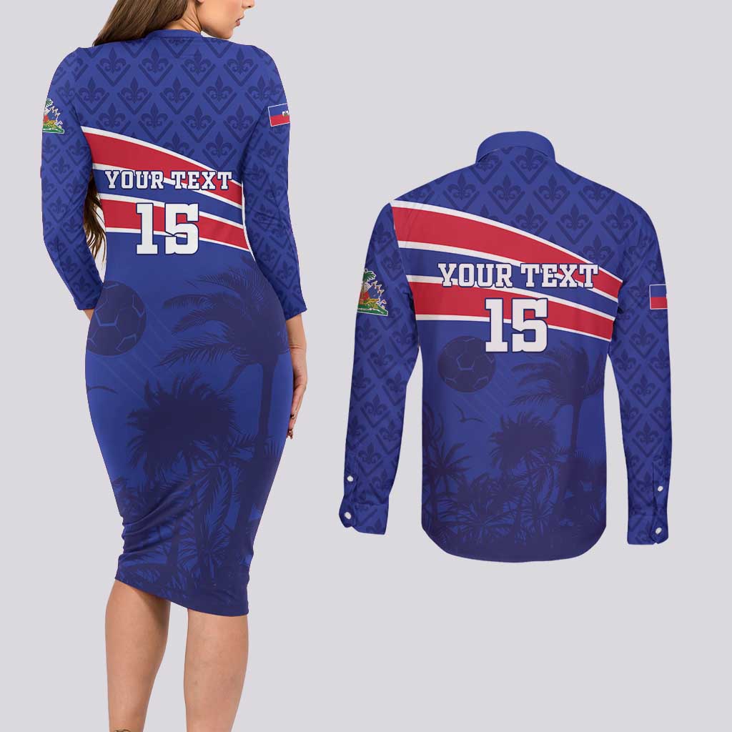 Custom Haiti Football Couples Matching Long Sleeve Bodycon Dress and Long Sleeve Button Shirt Les Grenadiers - Royal Palm - Wonder Print Shop