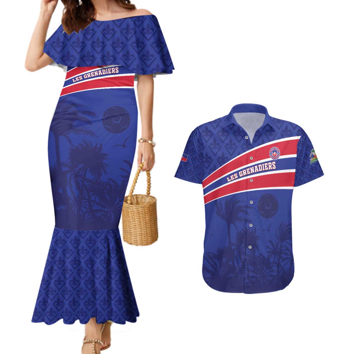 Custom Haiti Football Couples Matching Mermaid Dress and Hawaiian Shirt Les Grenadiers - Royal Palm - Wonder Print Shop