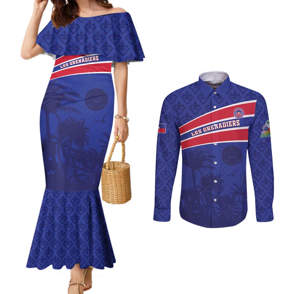 Custom Haiti Football Couples Matching Mermaid Dress and Long Sleeve Button Shirt Les Grenadiers - Royal Palm