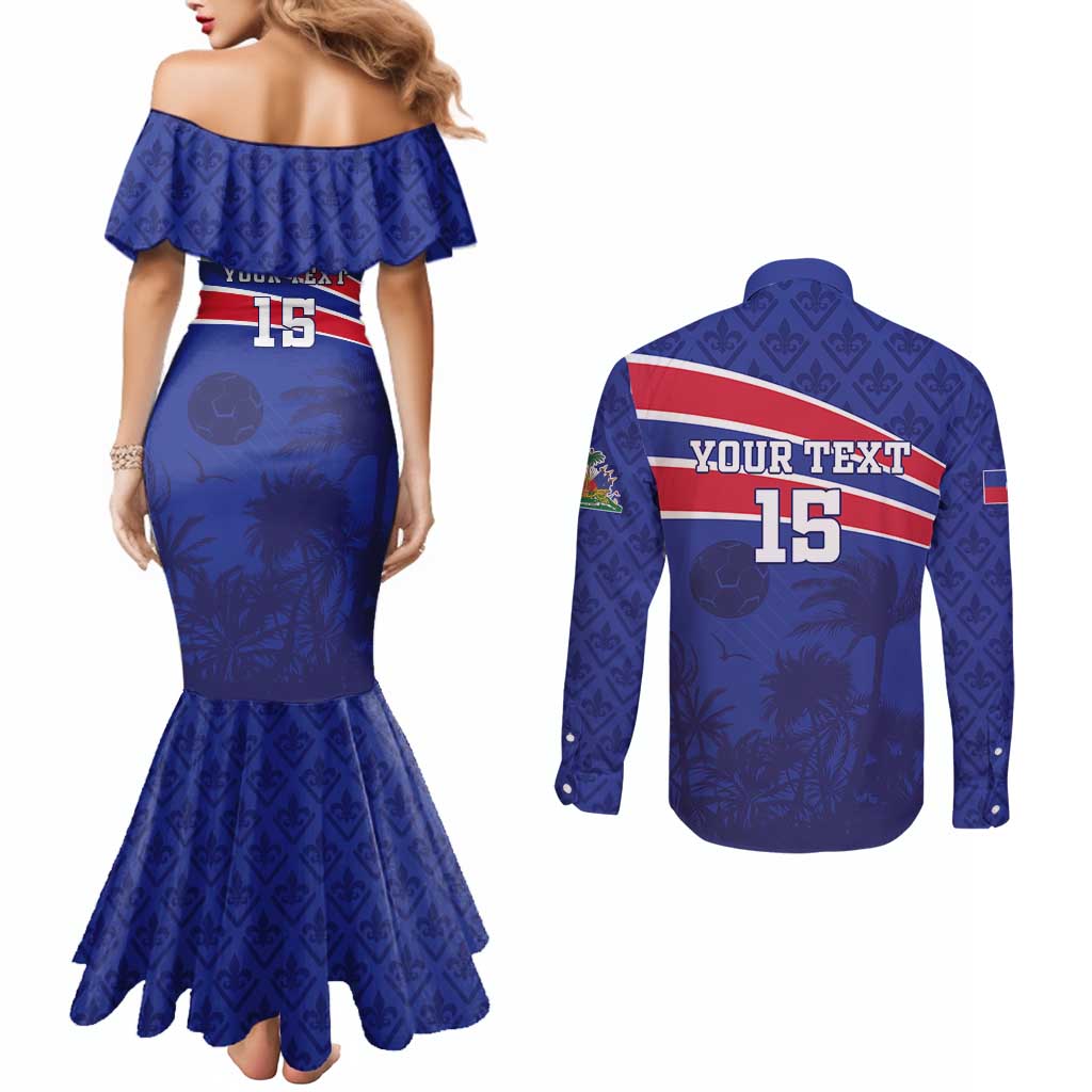 Custom Haiti Football Couples Matching Mermaid Dress and Long Sleeve Button Shirt Les Grenadiers - Royal Palm