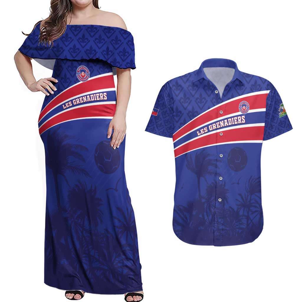 Custom Haiti Football Couples Matching Off Shoulder Maxi Dress and Hawaiian Shirt Les Grenadiers - Royal Palm - Wonder Print Shop