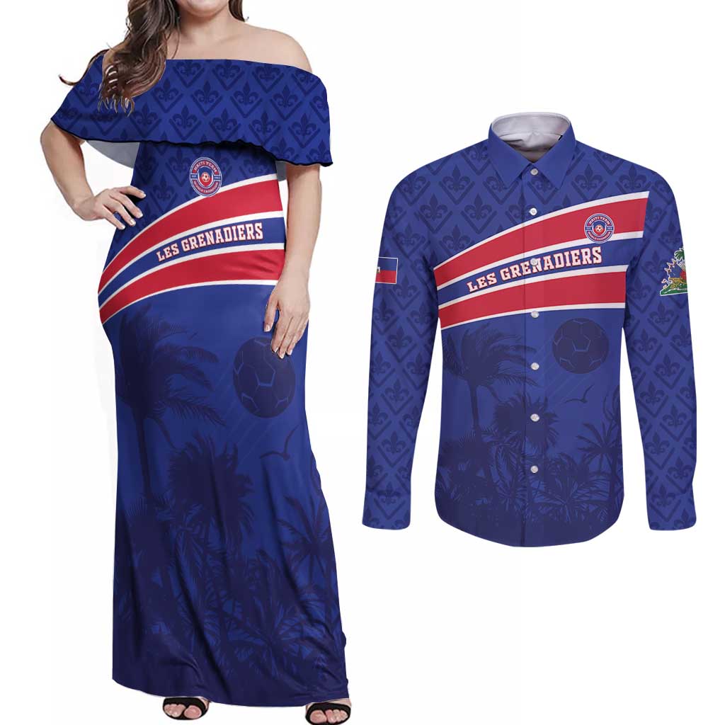 Custom Haiti Football Couples Matching Off Shoulder Maxi Dress and Long Sleeve Button Shirt Les Grenadiers - Royal Palm - Wonder Print Shop