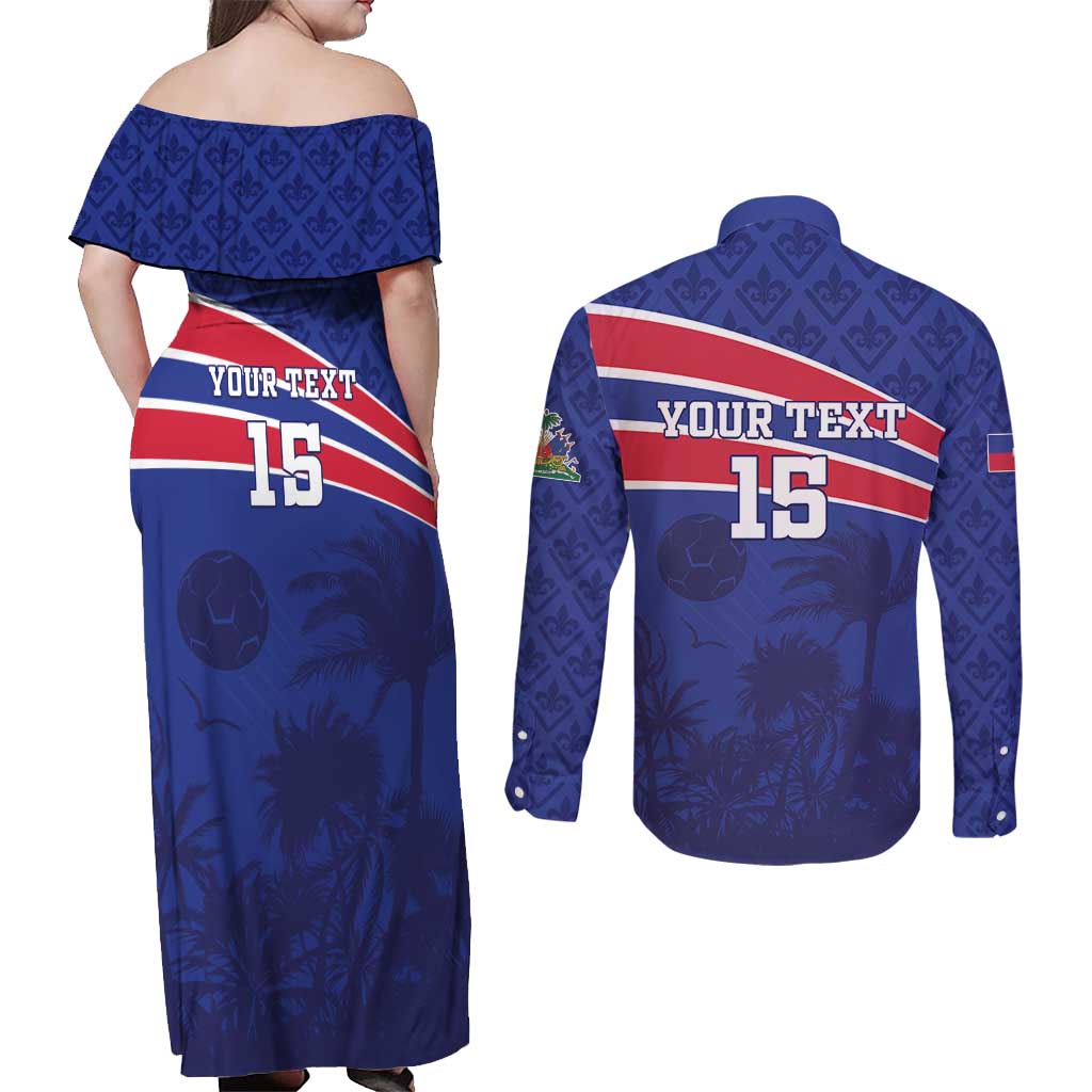 Custom Haiti Football Couples Matching Off Shoulder Maxi Dress and Long Sleeve Button Shirt Les Grenadiers - Royal Palm - Wonder Print Shop