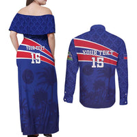 Custom Haiti Football Couples Matching Off Shoulder Maxi Dress and Long Sleeve Button Shirt Les Grenadiers - Royal Palm - Wonder Print Shop