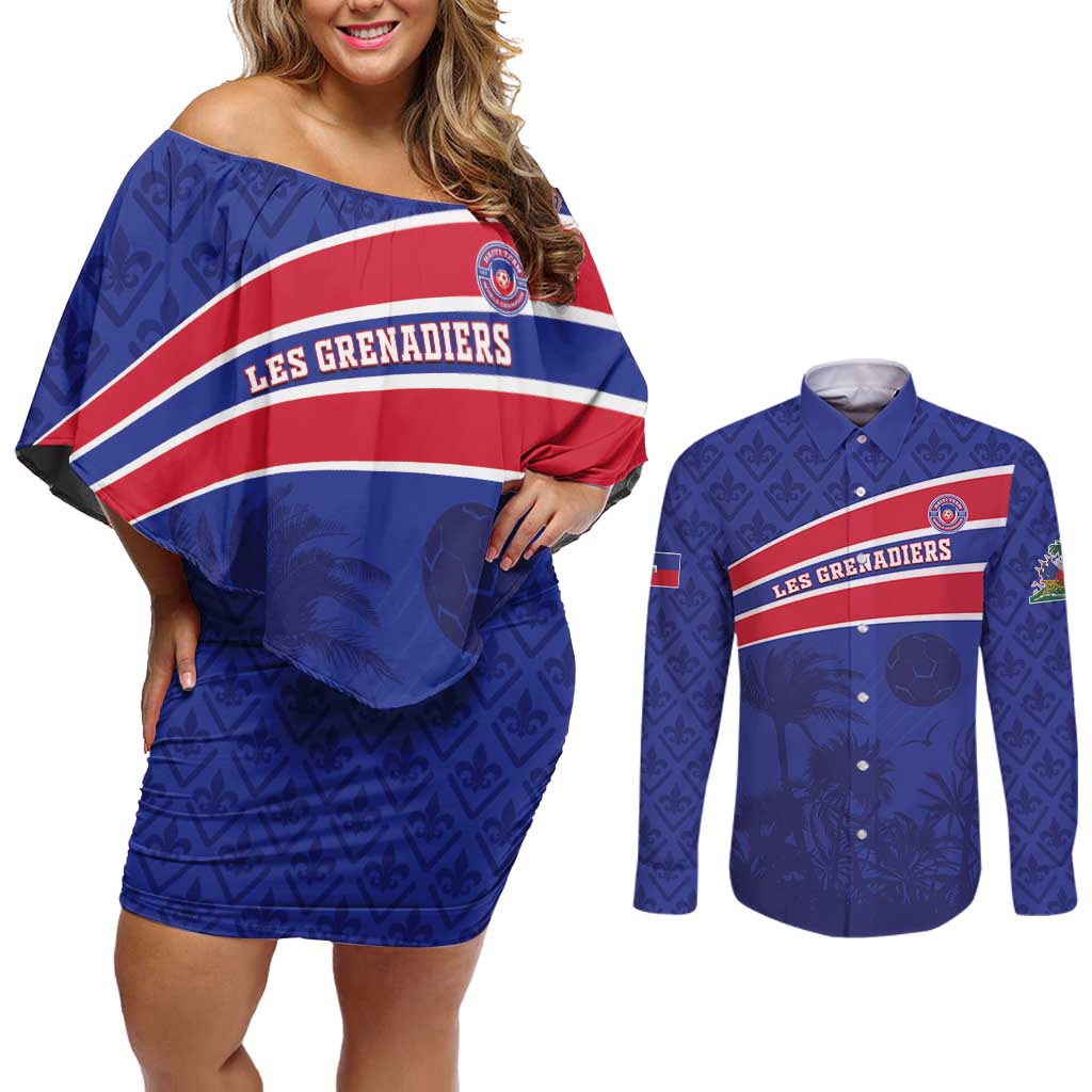 Custom Haiti Football Couples Matching Off Shoulder Short Dress and Long Sleeve Button Shirt Les Grenadiers - Royal Palm - Wonder Print Shop