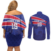 Custom Haiti Football Couples Matching Off Shoulder Short Dress and Long Sleeve Button Shirt Les Grenadiers - Royal Palm - Wonder Print Shop