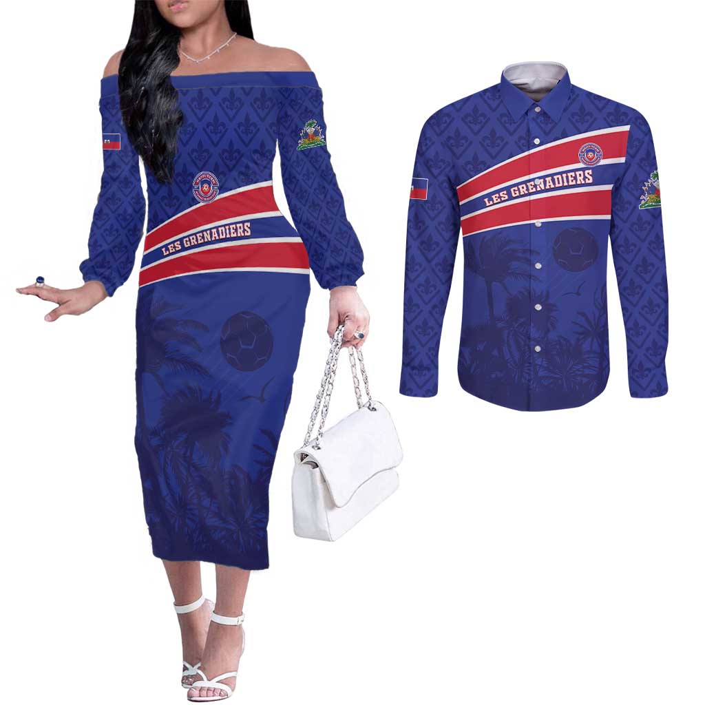 Custom Haiti Football Couples Matching Off The Shoulder Long Sleeve Dress and Long Sleeve Button Shirt Les Grenadiers - Royal Palm