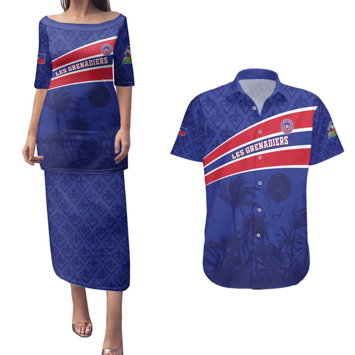 Custom Haiti Football Couples Matching Puletasi and Hawaiian Shirt Les Grenadiers - Royal Palm - Wonder Print Shop