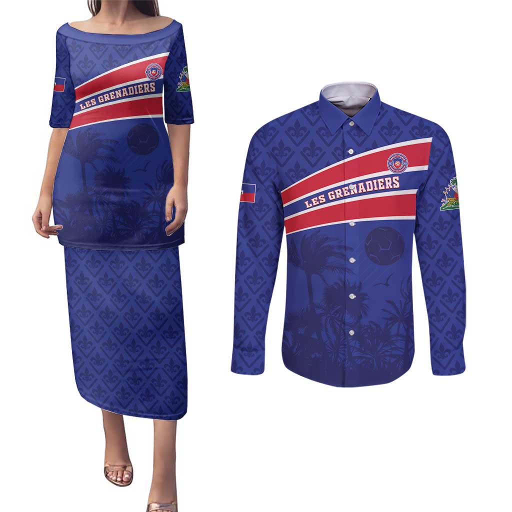 Custom Haiti Football Couples Matching Puletasi and Long Sleeve Button Shirt Les Grenadiers - Royal Palm - Wonder Print Shop
