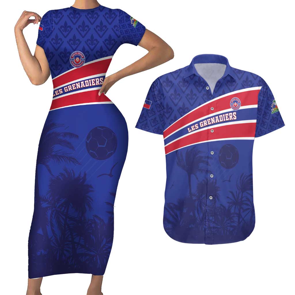 Custom Haiti Football Couples Matching Short Sleeve Bodycon Dress and Hawaiian Shirt Les Grenadiers - Royal Palm - Wonder Print Shop