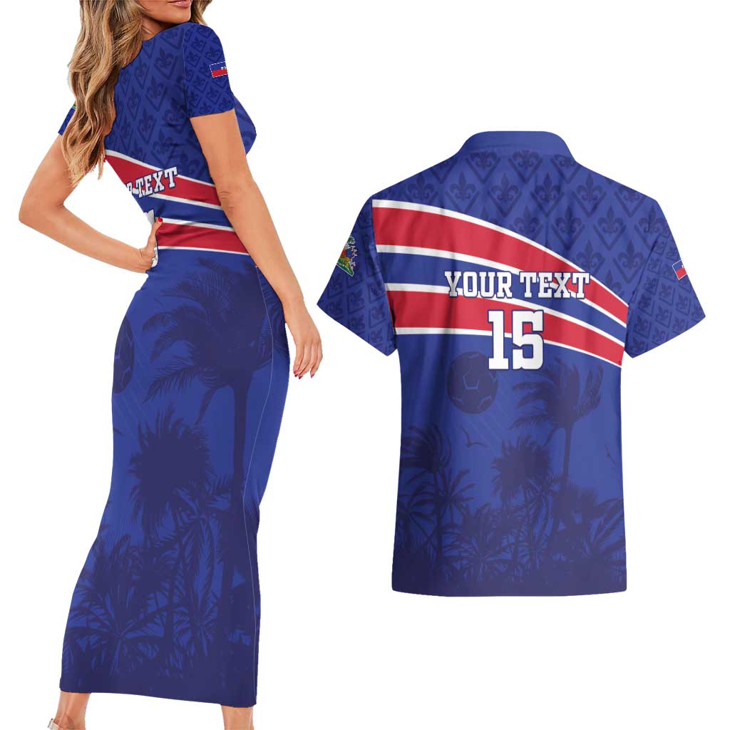 Custom Haiti Football Couples Matching Short Sleeve Bodycon Dress and Hawaiian Shirt Les Grenadiers - Royal Palm - Wonder Print Shop