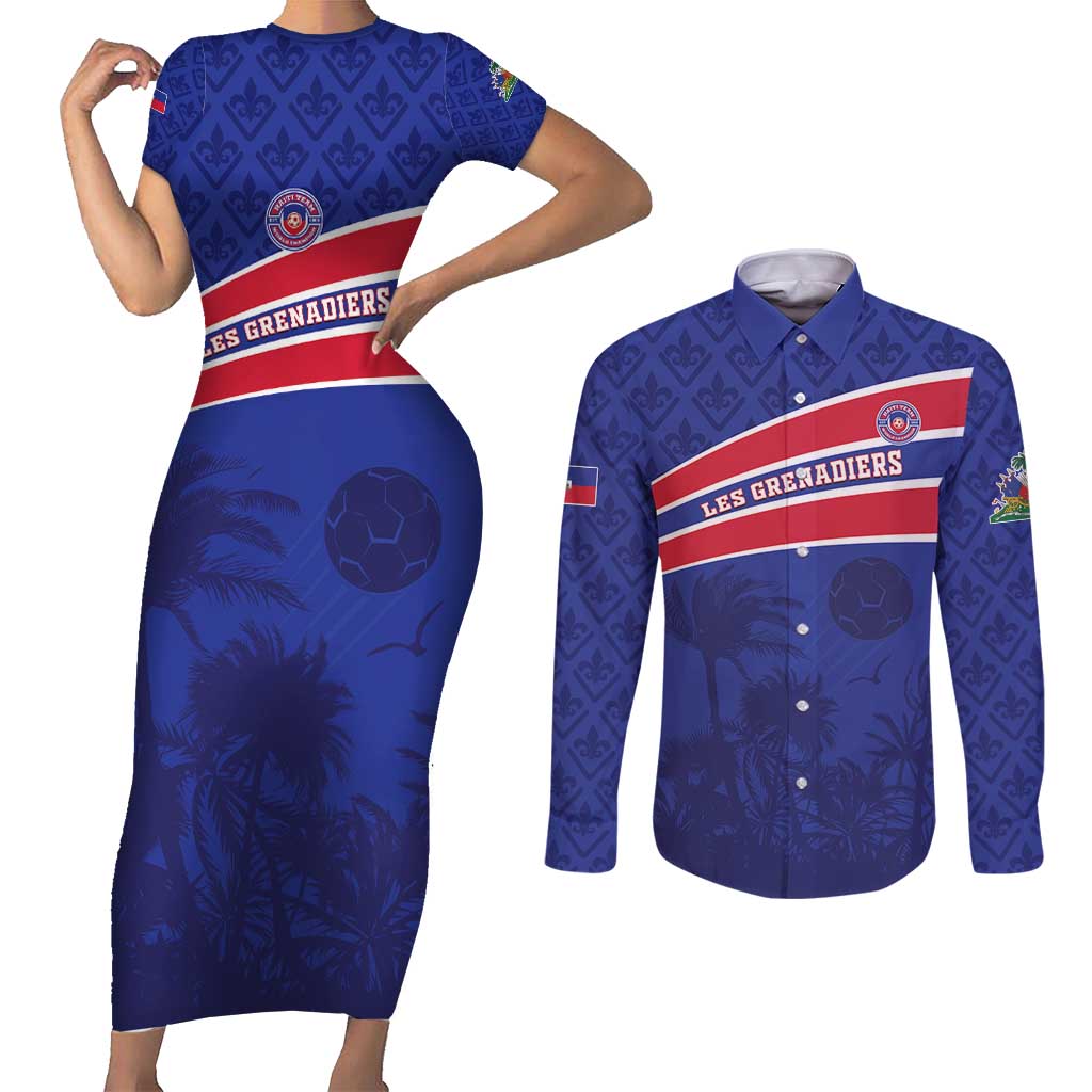 Custom Haiti Football Couples Matching Short Sleeve Bodycon Dress and Long Sleeve Button Shirt Les Grenadiers - Royal Palm - Wonder Print Shop