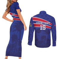 Custom Haiti Football Couples Matching Short Sleeve Bodycon Dress and Long Sleeve Button Shirt Les Grenadiers - Royal Palm - Wonder Print Shop