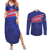 Custom Haiti Football Couples Matching Summer Maxi Dress and Long Sleeve Button Shirt Les Grenadiers - Royal Palm - Wonder Print Shop