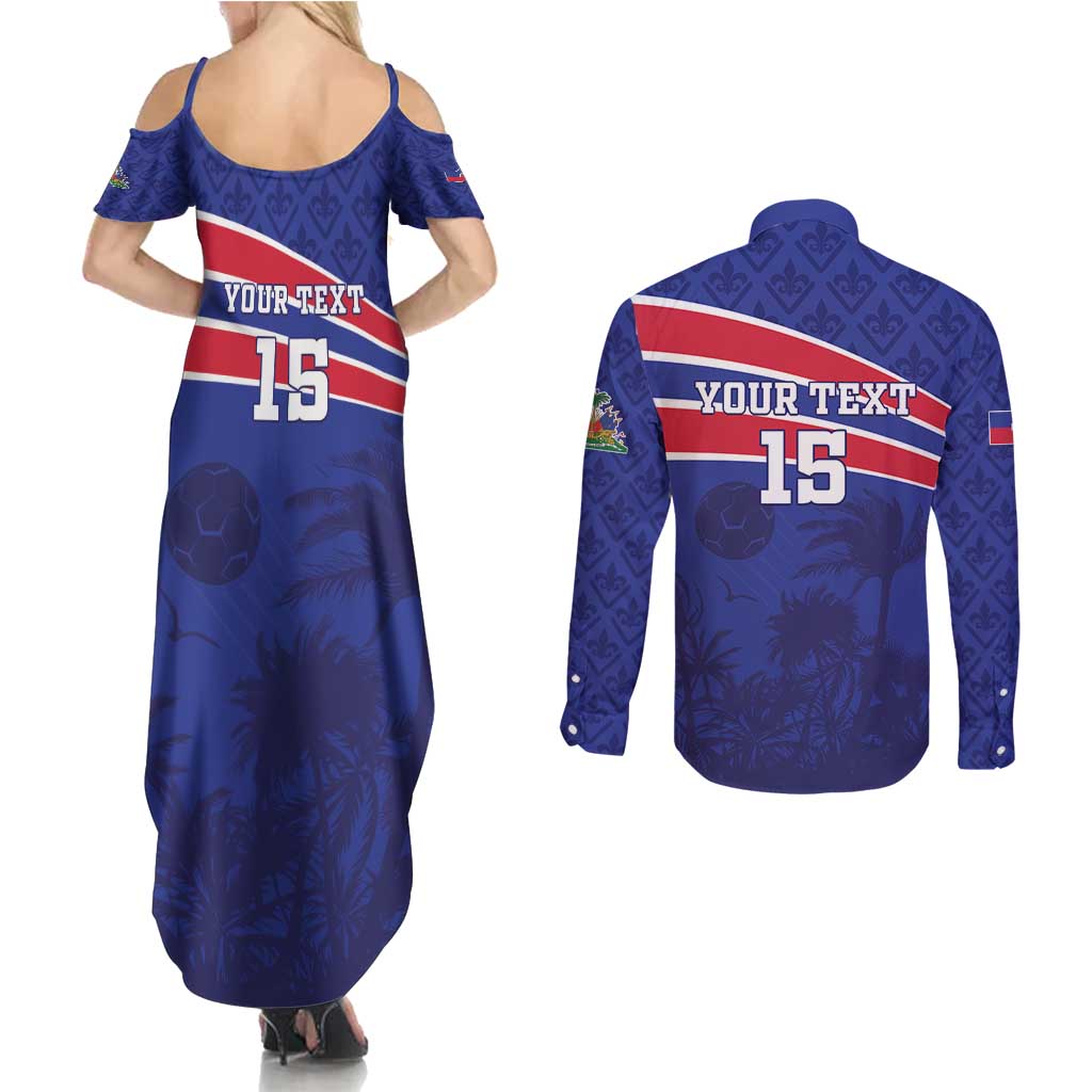 Custom Haiti Football Couples Matching Summer Maxi Dress and Long Sleeve Button Shirt Les Grenadiers - Royal Palm - Wonder Print Shop