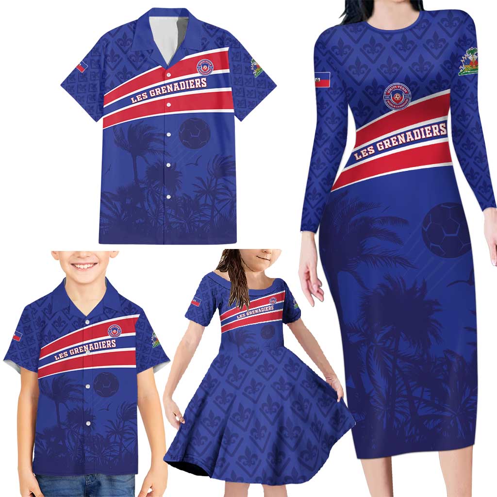 Custom Haiti Football Family Matching Long Sleeve Bodycon Dress and Hawaiian Shirt Les Grenadiers - Royal Palm - Wonder Print Shop