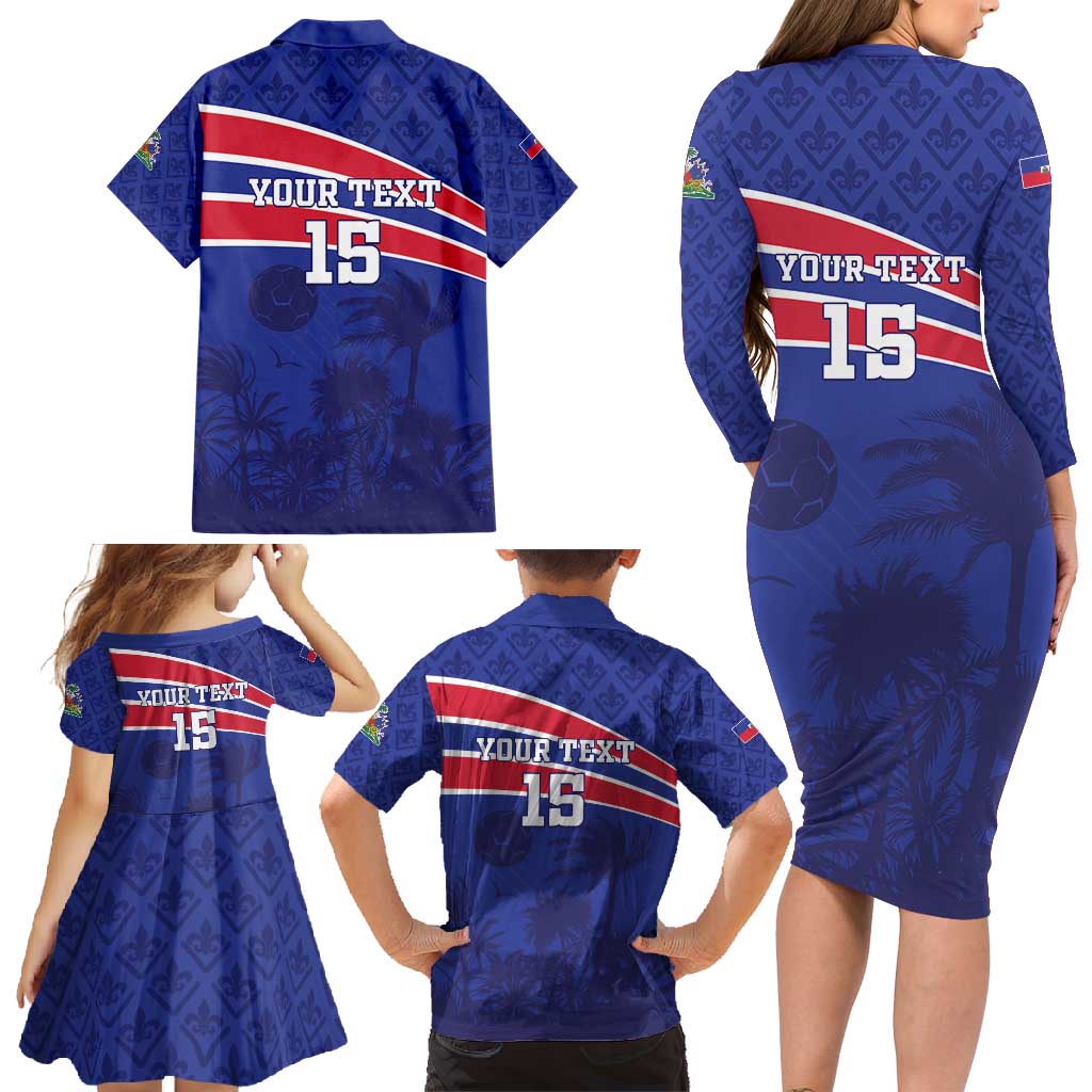 Custom Haiti Football Family Matching Long Sleeve Bodycon Dress and Hawaiian Shirt Les Grenadiers - Royal Palm - Wonder Print Shop