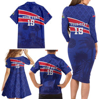 Custom Haiti Football Family Matching Long Sleeve Bodycon Dress and Hawaiian Shirt Les Grenadiers - Royal Palm - Wonder Print Shop