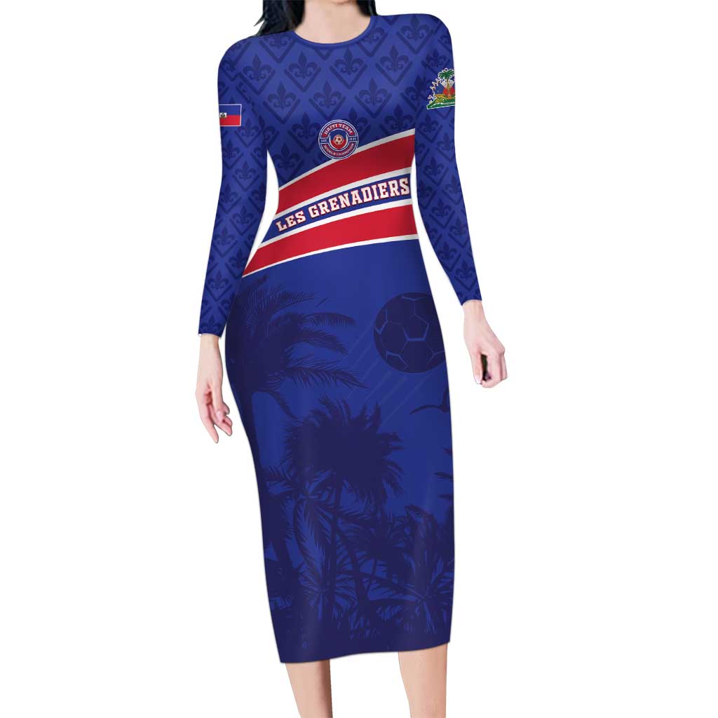 Custom Haiti Football Family Matching Long Sleeve Bodycon Dress and Hawaiian Shirt Les Grenadiers - Royal Palm - Wonder Print Shop