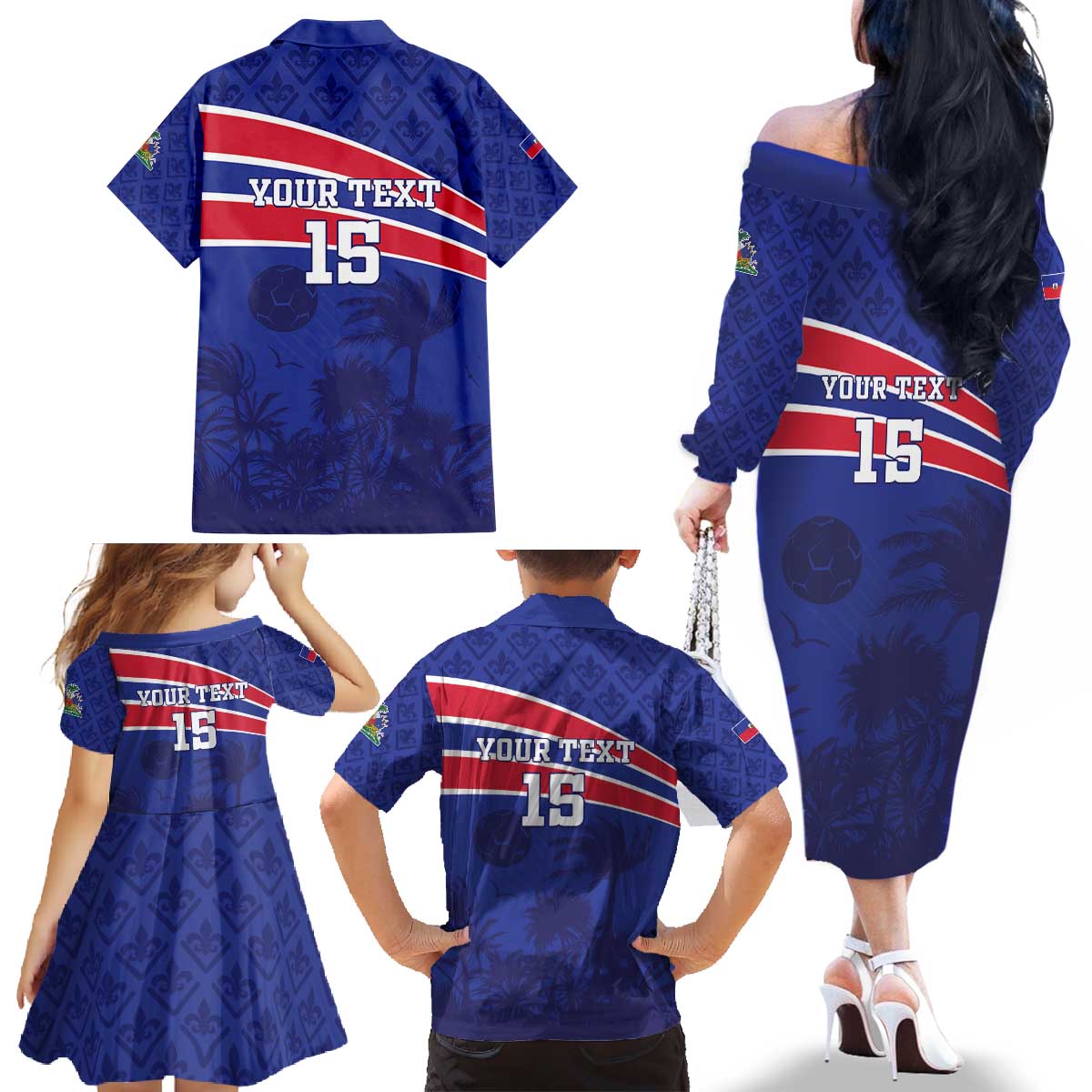 Custom Haiti Football Family Matching Off The Shoulder Long Sleeve Dress and Hawaiian Shirt Les Grenadiers - Royal Palm - Wonder Print Shop